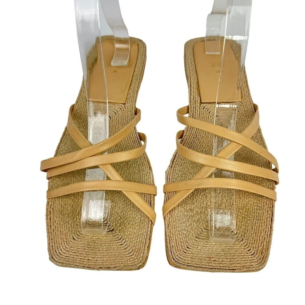 Zara Sheos Womens Size 38 Beige Square Toe Strappy Flat Sandals Jute 7.5 US READ - Picture 4 of 16